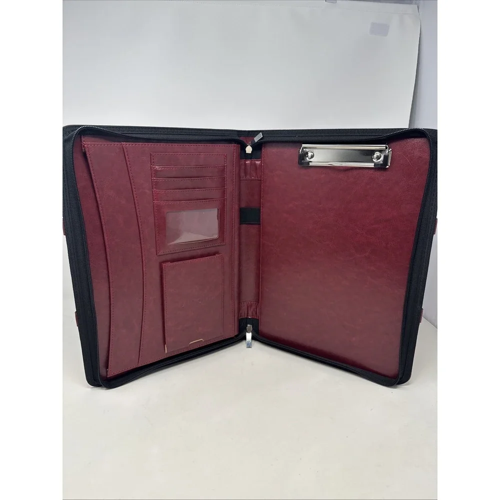 Darolin Zippered Leather Padfolio Portfolio w/Hidden Handle Maroon Faux Leather‎
